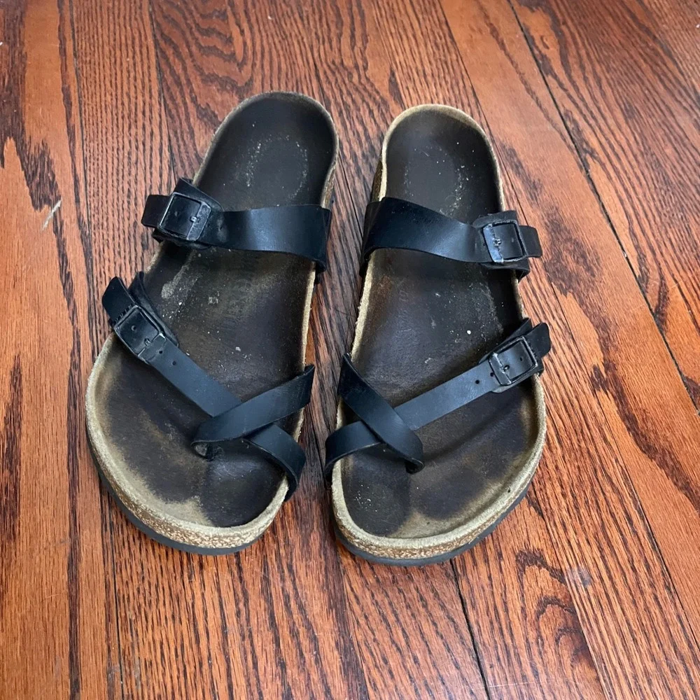 Birkenstock Mayari Black Birko-Flor Toe Loop Buckle Cork Sandals‎ Womens 39 L8